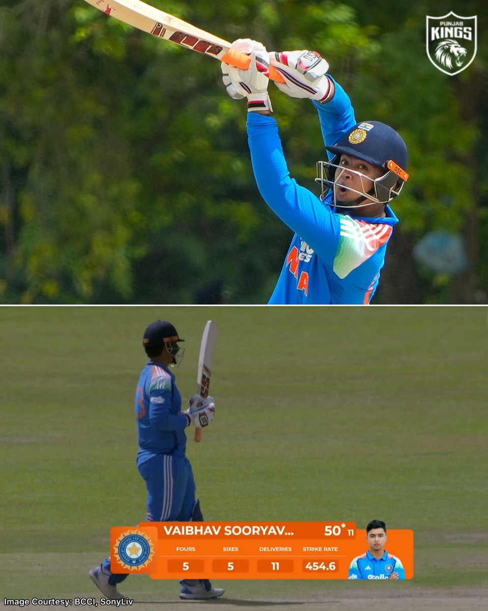 PunjabKingsIPL's tweet photo. 11-ball fifty 🔥

Sooryavanshi Storm in the tri-series final vs Sri Lanka A 🌪️ https://t.co/UFXZmrlPT6