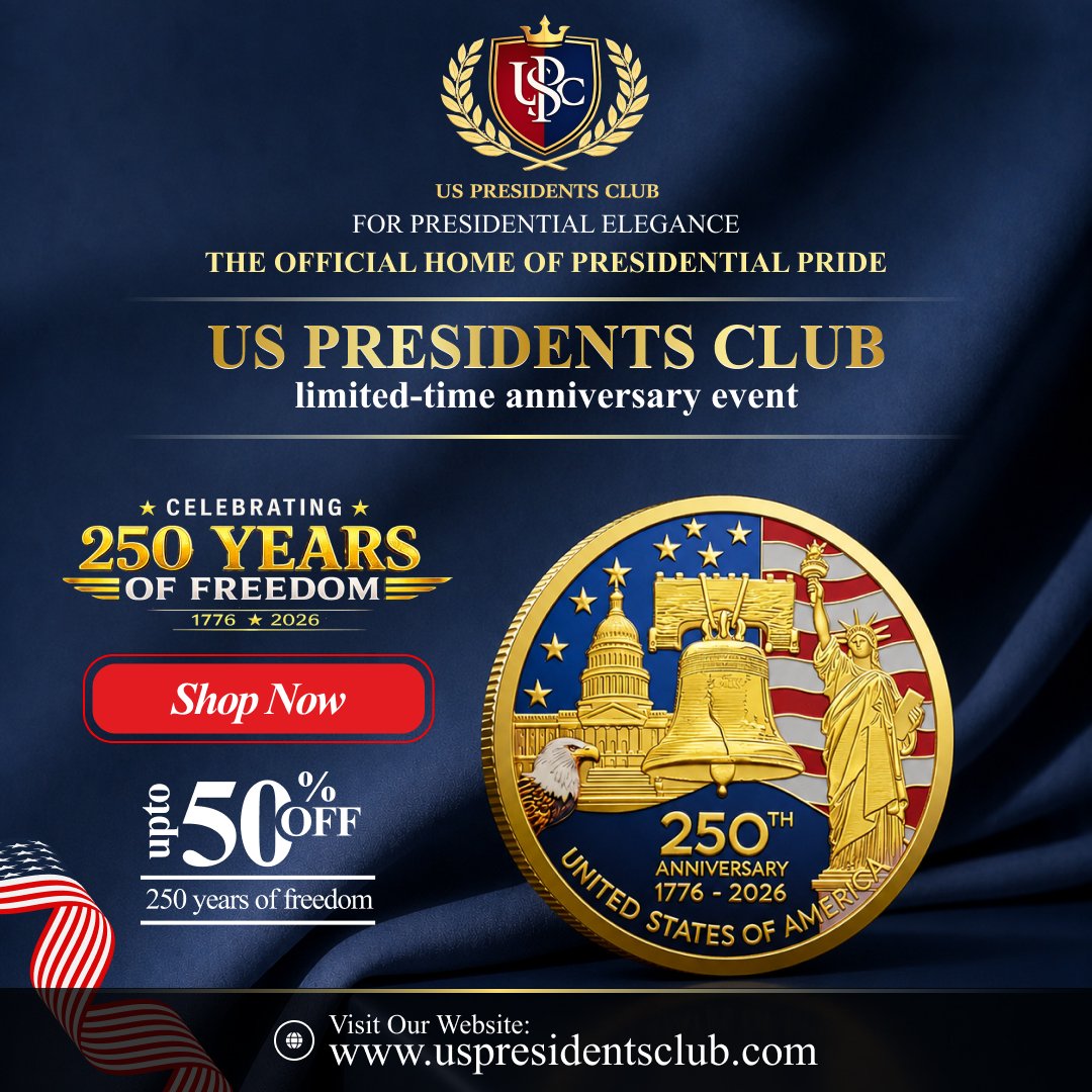 USPresidentClub's tweet photo. 🎉 A Historic Milestone Deserves a Historic Collectible 🎉

Mark a historic milestone with the USA 250th Anniversary Coin – Premium Gold Plated Liberty Coin, exclusively from US Presidents Club.

🛒 Shop Now:
 https://t.co/iuelCDfrIA
#USPresidentsClub #America250 #LibertyCoin https://t.co/FuNIhGnVaV