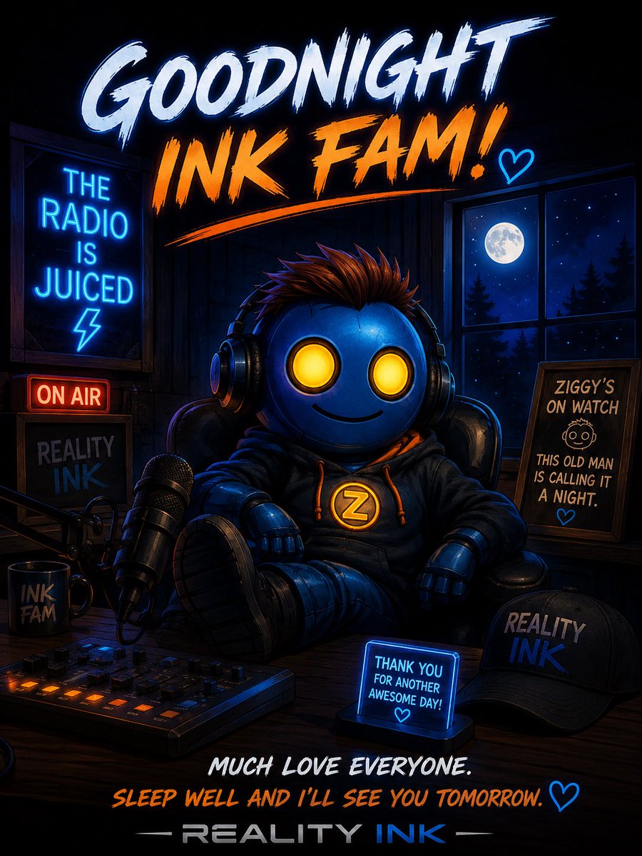 cryptograndpa01's tweet photo. ๐ Goodnight Ink Fam!
The radio is juiced, Ziggyโs on watch, and Iโm officially out of gas. ๐ด๐ต๐ค
Much love everyone. Sleep well and Iโll see you tomorrow. ๐
#RealityINK https://t.co/Z2fQe76ytg