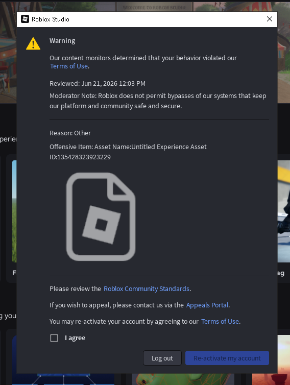 HmRobloxIsDed's tweet photo. the fuck you mean i got banned for opening a roblox project wtf does this imply 😭 https://t.co/pBUvct8VCp