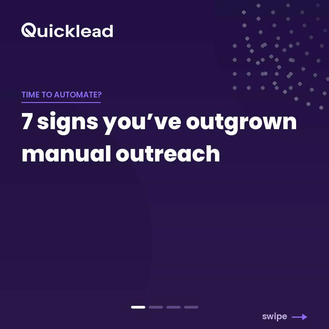 quicklead_io's tweet photo. 7 signs you've outgrown manual outreach 👇

Spreadsheet leads. Forgotten follow-ups. Unread replies. Copy-paste notes. Weekly limits.

3+? Time to automate. 🚀

#LinkedInAutomation #SalesTips https://t.co/CrMSWftWEn