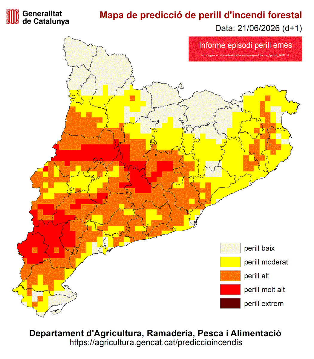 meteorac1's tweet photo. 🌡️Comença la primera onada de calor del 2026. Avui, durant les hores centrals del dia, les màximes s'enfilaran fins als 40 o 41ºC a ponent, entre 36 i 38ºC als dos extrems del país i per sobre dels 33 o 34ºC a l'interior. Tot plegat, amb un risc d'incendis elevat. Precaució! https://t.co/9FSA53Y23e