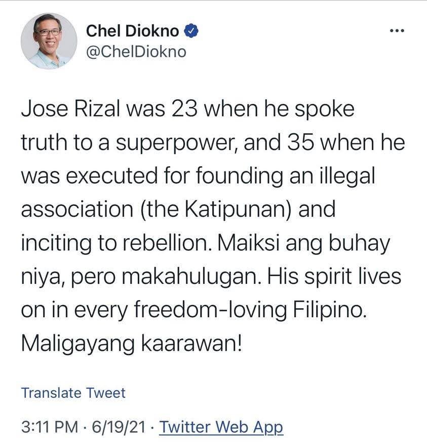 HLingayan's tweet photo. HINDI KASAMA SI DR. JOSE RIZAL SA FOUNDERS NG KATIPUNAN.

Nung June 19 merong intrimitida ang nag-alay ng  bulaklak sa Monumento ni Dr. Jose Rizal.

Dr. Rizal leaned towards education and peaceful reform. Ayaw niya ng violent revolution. Hindi niya gusto ang kabataan mamundok. https://t.co/1aHkFdef1E