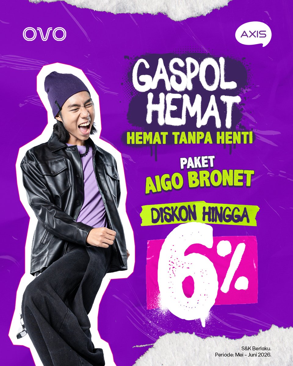 AXISgsm's tweet photo. Gaspol hemat!! Nikmatin hemat tanpa henti

Beli paket AIGO Bronet diskon sampe 6%!

Klaim poromonya sekarang di OVO!
➡️ https://t.co/V4c30hsF5Z
*S&amp;K Berlaku
#EmangKitaBeda
#AmanAjadiAXISNET https://t.co/SyhCL9rKCQ
