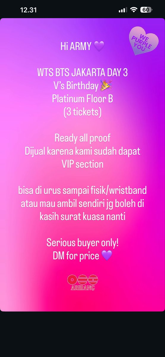 krizfajaray's tweet photo. BTS ARIRANG DAY 3

Bantu sodara jual, agak overprice soalnya doi beli lewat calo.
yang mau mau aja 🤝
kalo bisa 3 tiket langsung siapa tau bisa miring harga nya 🙌 https://t.co/lIkSwWjtyM