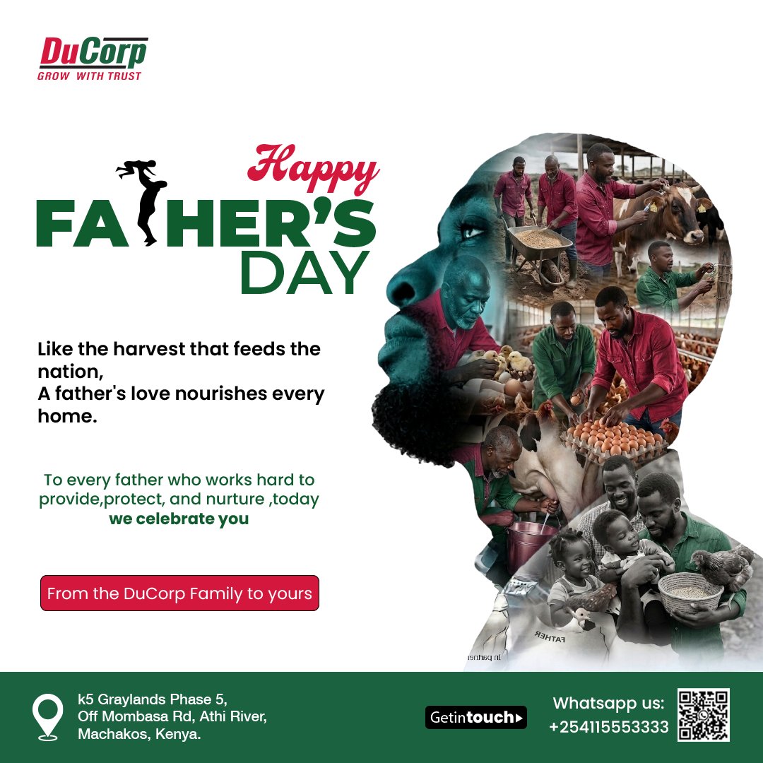 DucorpKE's tweet photo. Happy Father's Day! ❤️
To every dad who works hard, provides &amp; nurtures, we celebrate YOU!   
DuCorp celebrates all fathers, especially those in agriculture. Your love nourishes every home, like the harvest feeds the nation.   
#HappyFathersDay #FathersDayKenya #SikuYaBaba https://t.co/fpTJ2ixN3e