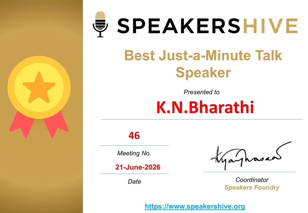 knbharathi's tweet photo. Participated in Speakers’ Hive meet today morning as just a minute speaker and got best speaker award 🙏 https://t.co/mloe4AuuGO