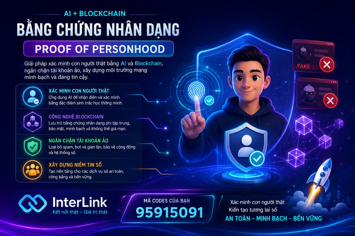 Detranthi59's tweet photo. Bằng chứng nhân dạng (Proof of Personhood): Ứng dụng AI và blockchain để chứng minh người dùng là con người thật, ngăn chặn vấn nạn tài khoản ảo đang tràn lan trên môi trường mạng. [1, 2] https://t.co/WjDIo6oBMG