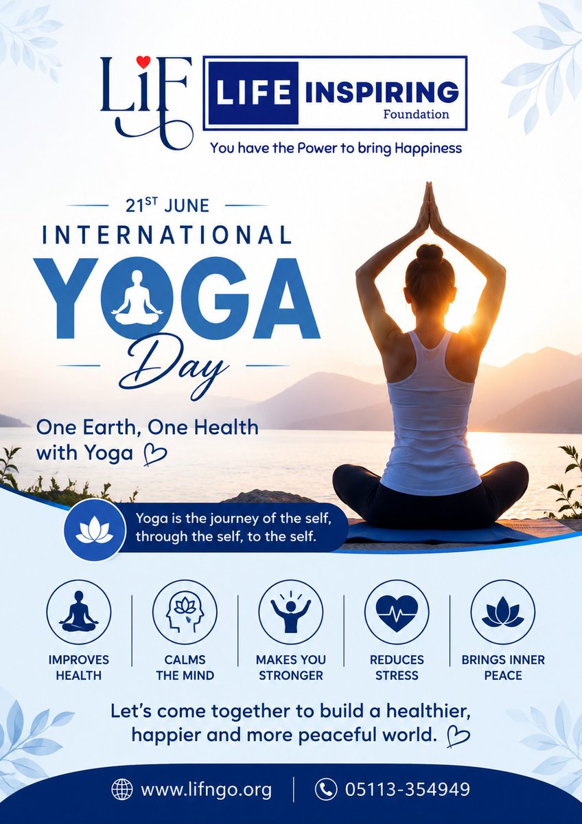 LiF_NGO's tweet photo. 🧘‍♀️ Happy International Yoga Day! 🌿

✨ One Earth, One Health with Yoga.

#InternationalYogaDay #YogaDay2026 #YogaForWellbeing #OneEarthOneHealth #LifeInspiringFoundation #LiFNGO #HealthyLifestyle #MentalWellbeing #YogaEveryday https://t.co/uR06evJEGc