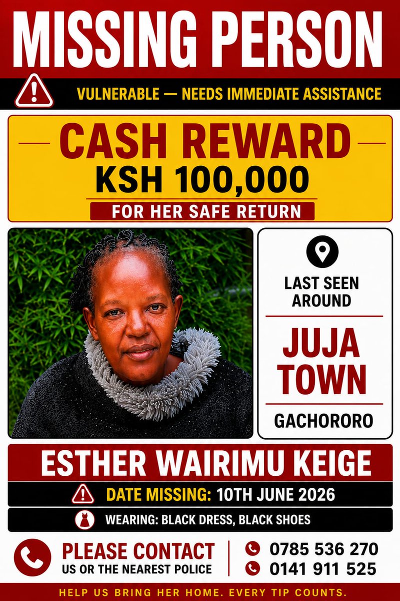 Sura_common's tweet photo. Please help find my auntie 🙏🏾 Esther Wairimu Keige
Esther was last seen in Juja Town on 10th June 2026 3pm. She is 54yrs old and has been suffering depression, and was on treatment.
Esther Wairimu Keige is a lawyer, and she works as a legal officer at Kenya Forest Service. https://t.co/93G9FXHHrd