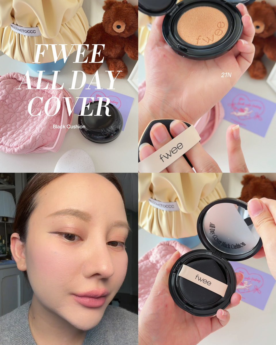 Viviennewonder's tweet photo. มันจะมีคุชชั่นตัวนี้ อยากให้แมสมาก Fwee All Day Cover Black Cushion คือเด่นเรื่องงานผิวเรียบเนียน บางเบา ผิวกริบ ติดทนตลอดวันแล้วผิวดูไม่หนาไม่โบ๊ะ เหมือนผิวสวยแต่เกิด ในรูปนี่แต่งหน้าแต่งเช้าแล้วด้วย น้องให้ฟินนิชเซมิแมตต์ ไม่ได้รู้สึกผิวแห้งจนเกินไปอะ วี่ใช้สี 21N พอดีๆ ผิวมากฮะ Fwee ทำดีเกิน