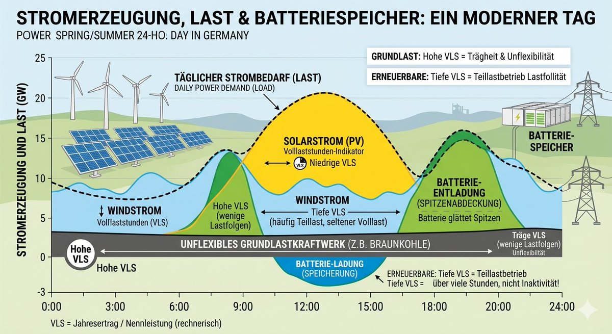 N_Schmid's tweet photo. Die Energiedebatte krankt an einem kolossalen Denkfehler: dem Missbrauch der „Volllaststunden“. Wer diesen Wert heute noch als das ultimative Maß für die Qualität eines Kraftwerks verkauft, betreibt entweder bewusste Irreführung oder hat das moderne Stromsystem schlicht nicht verstanden.

Nehmen wir zuerst den Mythos der fossilen und nuklearen „Zuverlässigkeit“: Dass Atom- und Braunkohlekraftwerke historisch auf 7.000 bis 8.000 Volllaststunden im Jahr kamen, war keine Meisterleistung, sondern ein technologisches Korsett. Diese thermischen Giganten sind so träge, dass das Hoch- und Herunterfahren Stunden oder Tage dauert und das Material massiv verschleißt. Sie liefen im Dauerbetrieb durch, weil sie der Last *schlecht* folgen konnten, nicht weil der Markt sie permanent brauchte. Dauerfeuer war das Symptom von Inflexibilität, nicht von moderner Effizienz. Sie haben die Netze verstopft, weil sie sich nicht anpassen konnten.
Auf der Gegenseite steht das systematische Schlechtrechnen der Erneuerbaren Energien. Das Argument „Solaranlagen in Deutschland haben nur 1.000 Volllaststunden, die laufen ja kaum“ ist mathematischer Analphabetismus. Eine Volllaststunde ist kein Zeitmaß, sondern ein rein rechnerischer Quotient aus Jahresertrag und Nennleistung. In der Realität produziert eine Solaranlage an weit über 3.500 Stunden im Jahr Strom – also in fast der Hälfte aller Stunden des Jahres!
Sie läuft nur eben meistens im Teillastbereich: morgens, abends oder bei Bewölkung. Wenn Wind- oder Solaranlagen 10 Stunden lang bei 20 % Leistung verlässlich Strom ins Netz einspeisen, versorgen sie 10 Stunden lang real das Land. Rechnerisch ergeben diese 10 Stunden im Teillastbereich aber nur mickrige 2 „Volllaststunden“. Tiefe Volllaststunden belegen also niemals, dass Erneuerbare selten Strom produzieren – sondern nur, dass sie wetterbedingt selten unter maximalen Laborbedingungen laufen.
Das Konzept der Volllaststunden stammt aus der industriellen Steinzeit, in der Kraftwerke wie unflexible Fließbandfabriken stumpf durchlaufen mussten. Wer heute hohe Volllaststunden feiert, applaudiert der Starrheit von gestern. Die Gegenwart und Zukunft des Energiesystems gehört der maximalen Flexibilität.