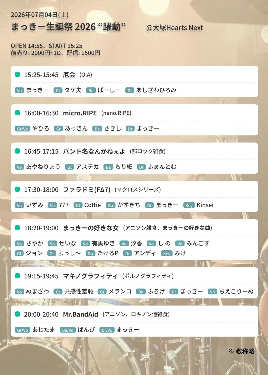 ar_8hi6's tweet photo. きょうはmicro.RIPEゲネでした🙌
最後の最後通しでエフェクターつけ忘れる・ピック吹っ飛ばすをやらかしたのでたぶん本番はへいき(？)

再来週7/4(土)はまっきー生誕祭2026 "躍動"、大塚Hearts Nextで開催です！
みんなでたのしく盛大にまきちゃんのお誕生日をお祝いしよう〜〜🎂🐕
#makitan2026 https://t.co/CZIlbsewMM