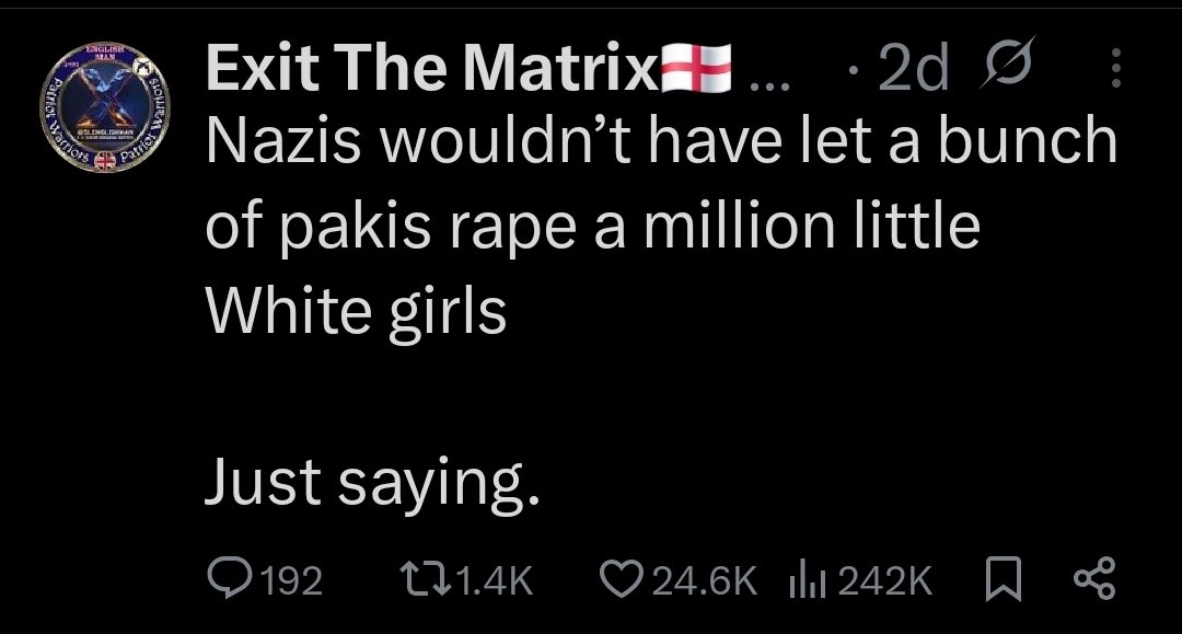 Cockroach1312's tweet photo. Der Wind dreht sich .. 

Wenn inzw. in #England #UK die #Nazis als positiv bzw als kleineres Übel wahrgenommen werden gegenüber dem Thema #Migration 

Sollte #SPD und Co zu denken geben. 

So kann #Europa #EU nicht bestehen. https://t.co/0C8aYfRRl8