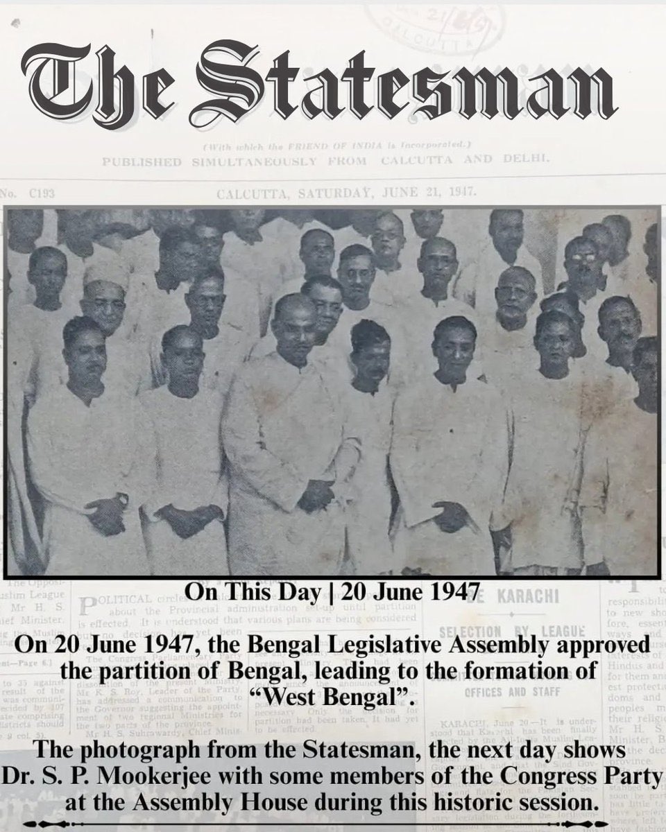 monidipadey's tweet photo. Some people from the Congress and Communist party are now suddenly claiming that they are the ones that voted for West Bengal partition, and Shyama Prasad Mukherjee had just one seat, so he’s irrelevant. That claim does not give the true /entire picture. 

I am giving a more detailed look into what Shyama Prasad Mukherjee did to create a Hindu homeland (West Bengal) for the Hindu Bengalis. 

Since the time Bengal came under Muslim League rule, increased communal riots and anti-Hindu activities in the eastern areas of Bengal showed that Hindus were under serious Islamic threat, and the Congress party was clearly not being able to handle this threat .

Understanding the seriousness of the threat, by 1939 SPM started thinking of a separate homeland for Bengali Hindus. This idea took shape from the resolution adopted in the HMS 1927 Patna meet, where demands for creating separate provinces for the Hindus of Punjab and Bengal were made. 

In 1941, while census was going on, SPM made a brilliant move; he convinced common Hindus to register themselves in the census, which ensured their numbers were documented, and gave a clear picture of the Hindu majority areas in Bengal.

Owing to his powerful speeches, combined with his reasoning skills, SPM slowly got the united support of both the common people and intellectuals of Bengal (Hindus). By 1946, Muslim League was thoroughly exposed as an Islamist party, and despite giving only one seat to HMS, Bengali Hindus now turned to SPM, and finally his demands for a separate Bengali Hindu homeland took steam. After this, by careful negotiations and convincing talks, SPM performed the miracle of gaining both political support and mass support in Bengal for his movement.

Finally on 15th March 1947, SPM held a public meeting in Calcutta, and with him on stage supporting him were R. C. Majumdar, Suniti Kumar Chatterji, Lord Sinha, Makhanlal Sen, Nirmal Kumar Bose, Upendranath Mukherjee, and other stellar names. Later Jadunath Sarkar and Meghnad Saha also joined his movement for a separate Hindu homeland. 

Next SPM toured entire Bengal, and created mass support in favor of a Hindu homeland for Hindu Bengalis, with help from his HMS branches across Bengal. SPM then formed a team, which included Major A. C. Chatterjee (ex- INA) among others, to draw the political map of West Bengal. 

It was at this time of drawing the political map of WB that the 1941 census report came to use, and helped in the demarcation of Hindu majority areas. HMS organized a huge conference for Hindus from 4th to 6th April 1947, at Tarakeshwar in Hooghly, where the plan for creating West Bengal was officially adopted. On 5th April, in a meeting, Bengal Congress officially declared their support for the creation of West Bengal as part of India, and SPM was invited as a special speaker in that Congress meeting. 

When voting was held, Congress members and 2 Communist members voted for the partition of Bengal and the creation of Hindu homeland (West Bengal). 

It was a miracle that Shyama Prasad Mukherjee had performed in 1946-47, in managing to unite the political leaders (Congress and few Communists), the intellectuals (Tagore, Prafulla Ray, Majumdar, Sarkar, etc), and the common people of Bengal for a Hindu homeland.