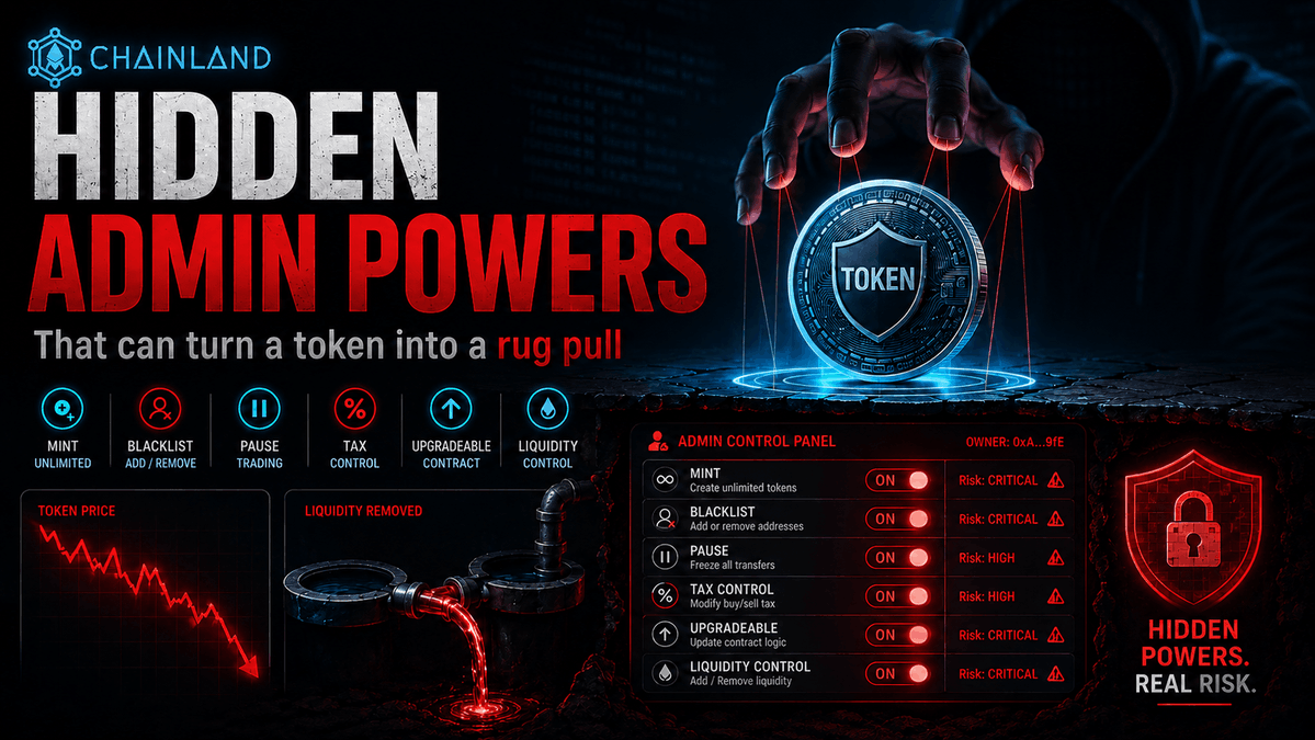 chainland_net's tweet photo. Most token risks aren't hidden in complicated code.

They're often hidden in what the owner can still do after launch.

Can they:

• change taxes?
• block wallets?
• pause trading?
• upgrade the contract?

Looking for bugs isn't enough.

Hidden admin powers matter too. https://t.co/OxlaDzjsfN