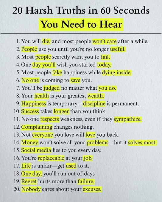 legacy_of_men's tweet photo. 20 HARSH TRUTHS IN 60 SECONDS YOU NEED TO HEAR https://t.co/a8XlNCgcE1