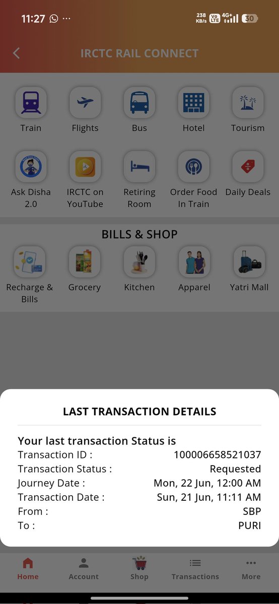 techwithNikhil1's tweet photo. IRCTC par ticket book kiya, payment bhi ho gaya lekin status abhi bhi 'Requested' dikha raha hai. Yatra kal hai (SBP → PURI). Kripya transaction ko jaldi process karein aur ticket confirm karein. 🙏🚆 #IRCTC #IndianRailways #TicketBooking #TrainJourney @IRCTCofficial https://t.co/CMVd4HVK7D
