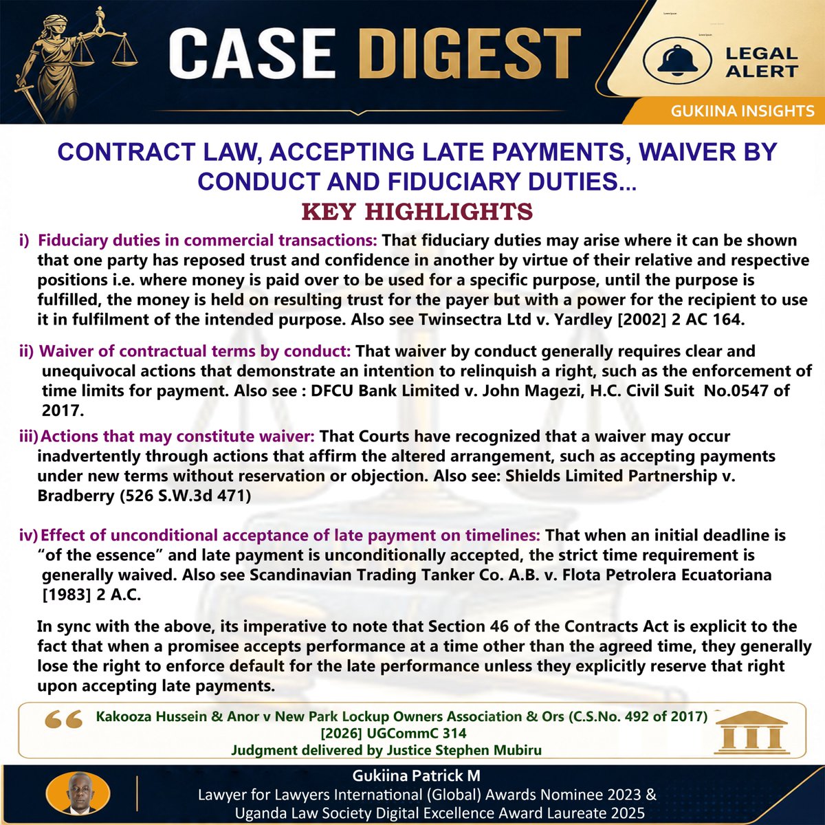 GukiinaPatrick's tweet photo. #LEGALALERT.
Contract law, waiver of contractual terms by conduct, actions that may constitute waiver, Effect of unconditional acceptance of late payment on timelines and fiduciary duties in commercial transactions. https://t.co/JtRuLQEglf