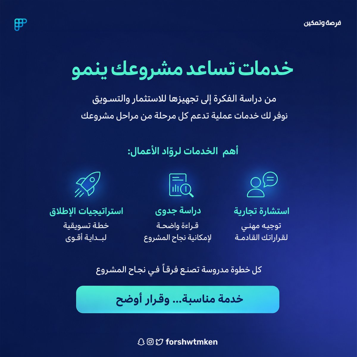 forshwtmken's tweet photo. في فرصة وتمكين، نقدم خدمات عملية تدعم روّاد الأعمال وأصحاب المشاريع في مراحل مختلفة، من دراسة الفكرة إلى تجهيزها للتطوير والاستثمار والتسويق.