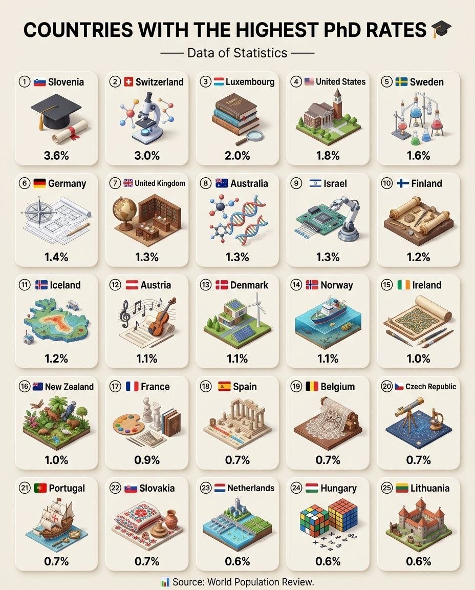 DataOfStats's tweet photo. Countries With the Highest PhD Rates 🎓 

1. 🇸🇮 Slovenia: 3.6%
2. 🇨🇭 Switzerland: 3.0%
3. 🇱🇺 Luxembourg: 2.0%
4. 🇺🇸 United States: 1.8%
5. 🇸🇪 Sweden: 1.6%
6. 🇩🇪 Germany: 1.4%
7. 🇬🇧 United Kingdom: 1.3%
8. 🇦🇺 Australia: 1.3%
9. 🇮🇱 Israel: 1.3%
10. 🇫🇮 Finland: 1.2%
11. 🇮🇸 Iceland: 1.2%
12. 🇦🇹 Austria: 1.1%
13. 🇩🇰 Denmark: 1.1%
14. 🇳🇴 Norway: 1.1%
15. 🇮🇪 Ireland: 1.0%
16. 🇳🇿 New Zealand: 1.0%
17. 🇫🇷 France: 0.9%
18. 🇪🇸 Spain: 0.7%
19. 🇧🇪 Belgium: 0.7%
20. 🇨🇿 Czech Republic: 0.7%
21. 🇵🇹 Portugal: 0.7%
22. 🇸🇰 Slovakia: 0.7%
23. 🇳🇱 Netherlands: 0.6%
24. 🇭🇺 Hungary: 0.6%
25. 🇱🇹 Lithuania: 0.6%

📊 Source: World Population Review.