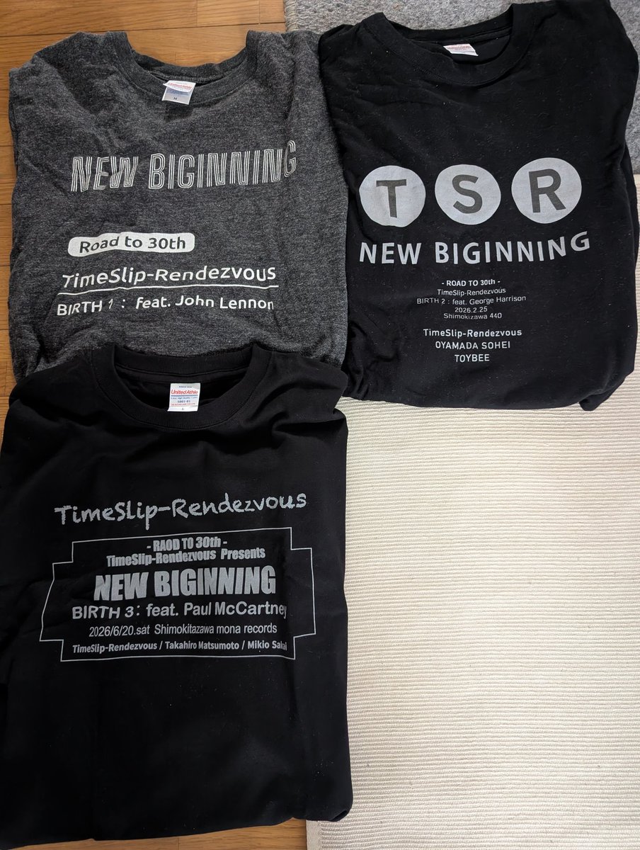 TAKELightning's tweet photo. TimeSlipｰRendezvous Road to 30th⁡
2026年10月9日のデビュー30周年に向けて昨年の10月9日からビートルズのメンバーの誕生日にLIVEしてるので、それ全部行くと決めて、都度Tシャツ買ったけどあと1枚でコンプリートで30周年を楽しみに待とうと思ってます㊗️
 #TimeSlipｰRendezvous 
 #俺のアオハル https://t.co/sC9M6RwZvp