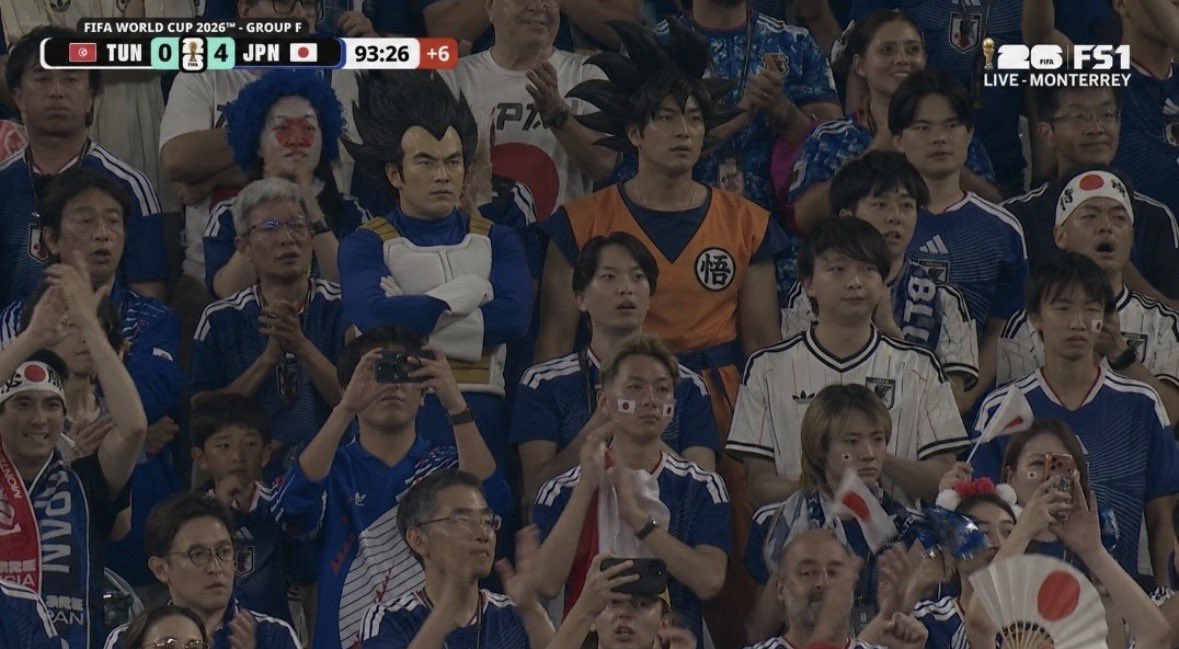 TotalFootball's tweet photo. Goku and Vegeta were in attendance for the Japan vs Tunisia match. https://t.co/rBAGP6PsBL