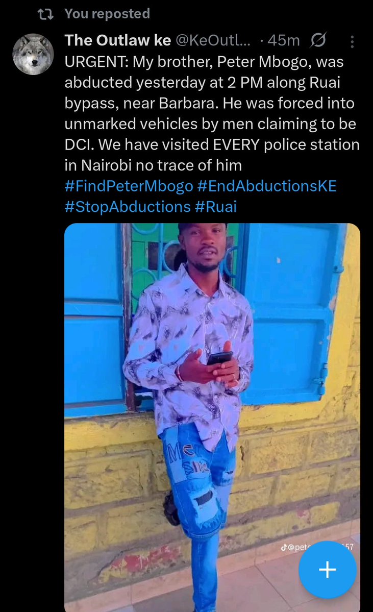 KeOutlaw's tweet photo. @HEBabuOwino A comrade was abducted 2days ago help locate him https://t.co/TBC9WsBsO3
