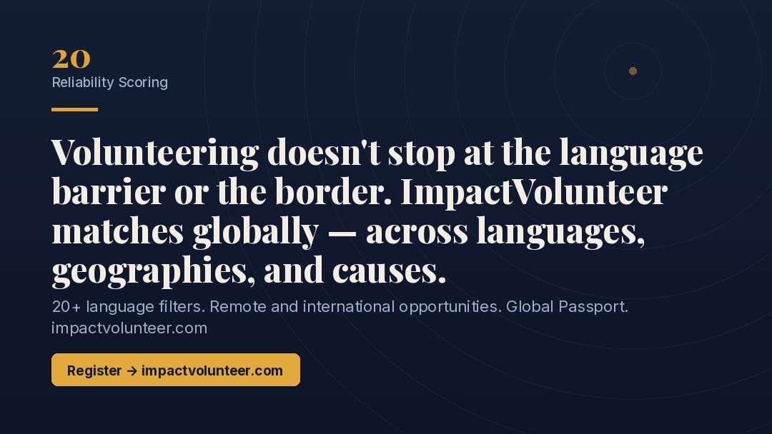 HelloVolunteer's tweet photo. Volunteering doesn't stop at the language barrier or the border. 

ImpactVolunteer matches globally — 20+ language filters, remote and international opportunities, Global Passport. 

Register → https://t.co/Sn1bGQLzTI 
#GlobalVolunteering #InternationalImpact https://t.co/QBycQjg8sa