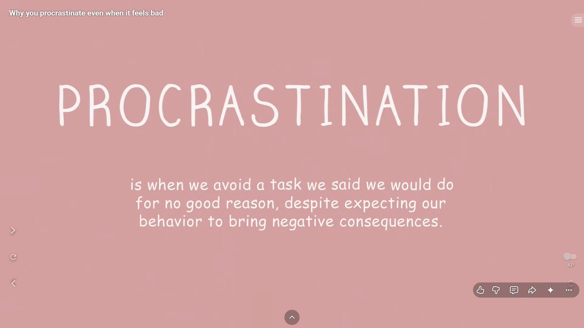 soshuem's tweet photo. Siapa yg disini suka MENUNDA PEKERJAAN (procrastination) walaupun tau itu merugikan diri sendiri?

Aku barusan nonton video TED-Ed yg berjudul "Why You Procrastinate Even When It Feels Bad", videonya jelasin alasan kita procrastinate.

Banyak orang mengira menunda pekerjaan ini terjadi karena malas, kurang disiplin, atau buruk dlm manajemen waktu.

Tp kalo menurut video ini, penyebab utamanya justru emosi negatif terhadap tugas tersebut. Yg dimana tugas tersebut membuat kita merasa:
- takut gagal
- tidak percaya diri
- cemas
- stress
- kewalahan

Otak kita menganggap tugas itu sbg "ancaman". Akibatnya, kita mencari pelarian yg membuat perasaan lebih nyaman utk sementara, misalnya scroll media sosial, nonton shorts, atau ngerjain hal lain yg lebih menyenangkan.