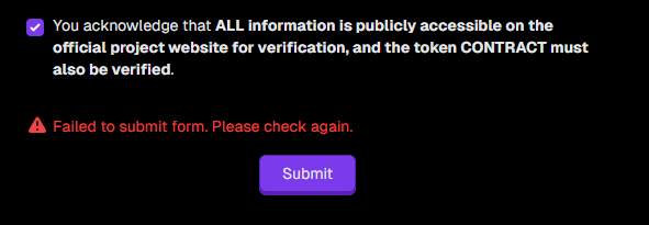GlippyDev's tweet photo. @GeckoTerminal your verification forms do not work. Getting this generic warning https://t.co/M2maAwspOS