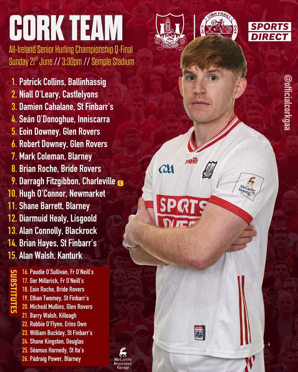 DanJCB001's tweet photo. Very best of LUCK @OfficialCorkGAA Senior Hurling Team vs @Offaly_GAA in today’s All-Ireland Senior Hurling Championship Quarter-Final in Thurles. Safe travelling to all. Cmon Cork🤞👊💪🔴⚪️ #CorkGAA #RebelsAbú #SportsDirect #GAA #UpTheVillage #Cork https://t.co/Lc6rqswLhA