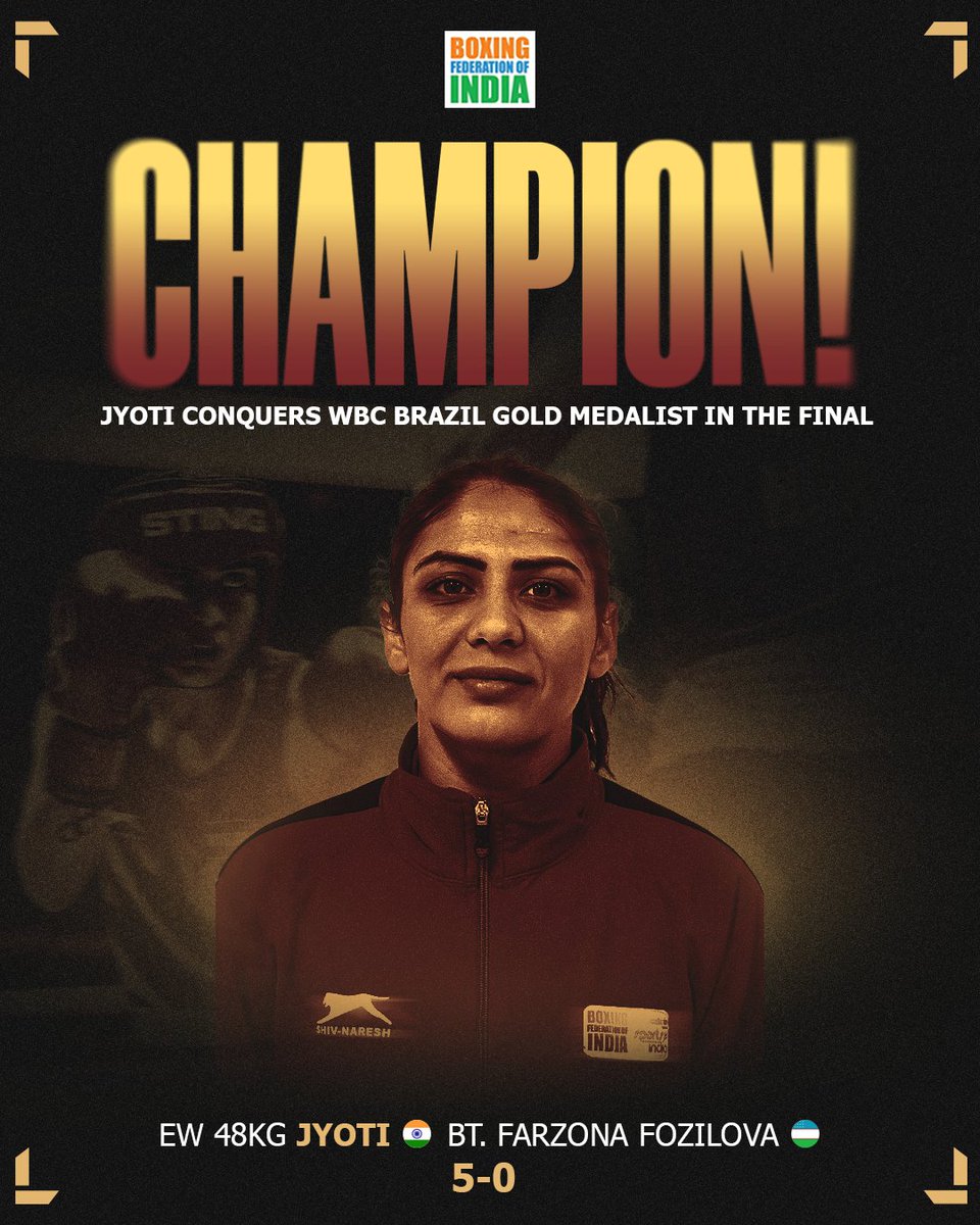 BFI_official's tweet photo. Opportunity. Belief. Gold. 🥇🇮🇳

Given the stage and backed to take the shot, Jyoti made it count in style—defeating the reigning World Boxing Cup Brazil gold medalist to claim gold at the World Boxing Cup China🥊✨ https://t.co/erpnTiqsBY