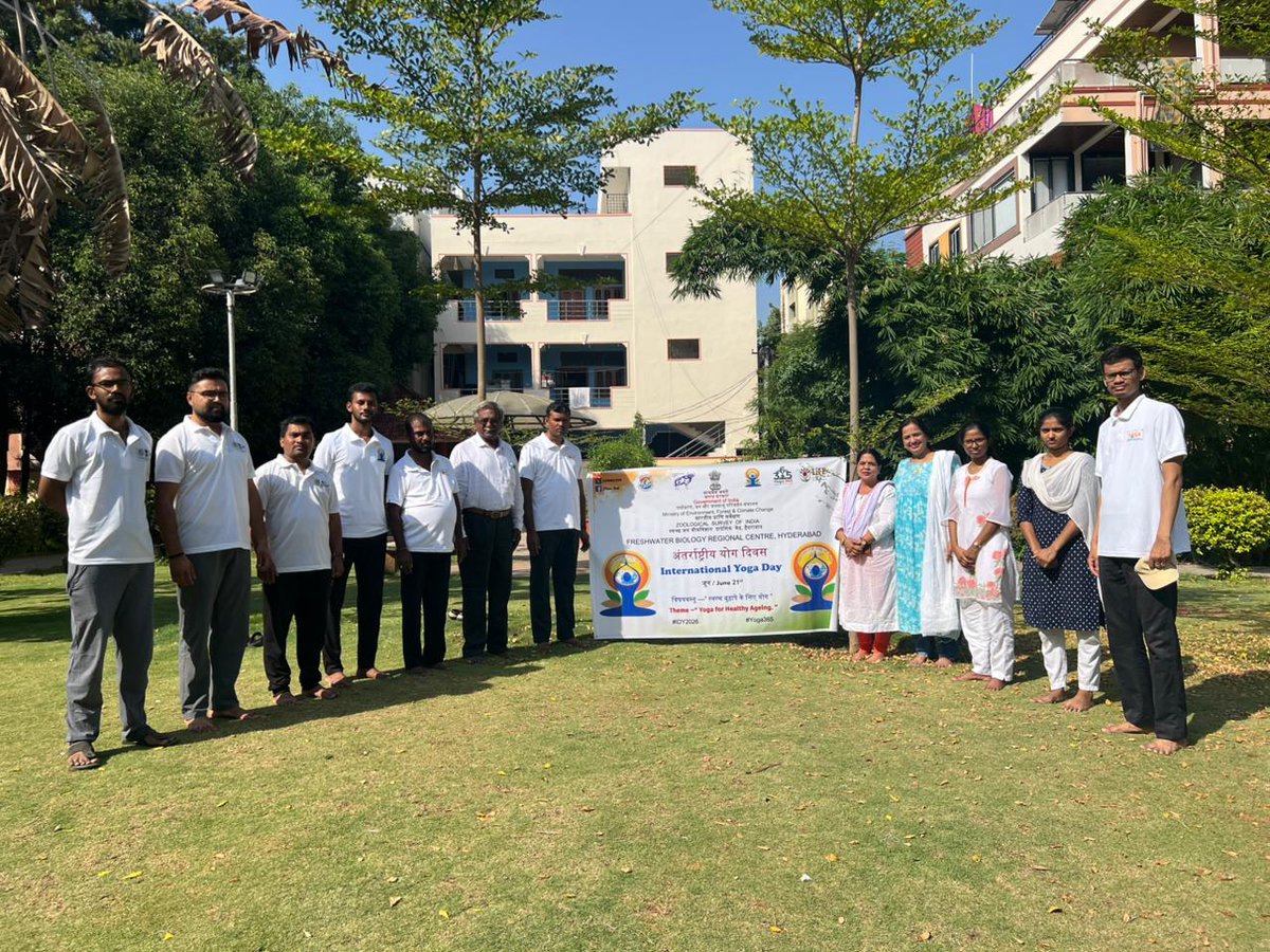 FBRCZSI's tweet photo. International Yoga Day 2026
 Theme: “Yoga for Healthy Ageing”
FBRC, ZSI, Hyderabad celebrated IDY 2026 on 21st June 2026. Scientists and staff participated in various Yoga Aasanas under the guidance of a Yoga Guru, promoting health, wellness &amp; a sustainable lifestyle. https://t.co/moW8bTzQxd