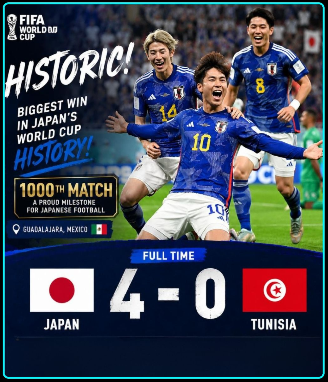 nekhohaohaokip's tweet photo. JAPAN MAKE HISTORY! 🇯🇵
A dominant 4-0 victory over Tunisia in Guadalajara marks Japan’s biggest-ever FIFA World Cup win ⚽

#CricketTwitter  #MLC2026 Japan Vaibhav Sooryavanshi #FathersDay📷 #WhatIsEVM #CSCpe_योगा #CSCpe_योगा #योगा_With_CSC #InternationalYogaDay #IndiasGotLatent https://t.co/81ElCySvrX
