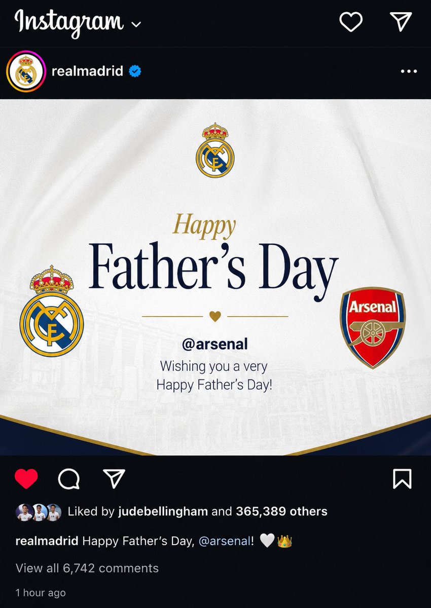 Afc_ArsenalX1's tweet photo. 💔..Real Madrid just wished their dad Arsenal a Happy Father's day 😭 https://t.co/7A0iceI17K