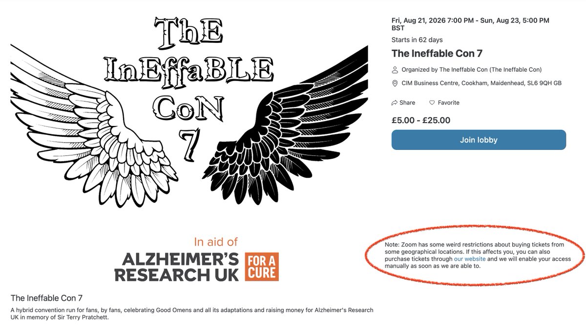 TheIneffableCon's tweet photo. @clasymasly @glumdelay Ah, this is the Zoom website, they have some weird restrictions on where they'll take payments from. That's why we added this note to the front page! Go to https://t.co/KgVgwfTmCd instead and we can add you manually. https://t.co/aPrKaEtPUX