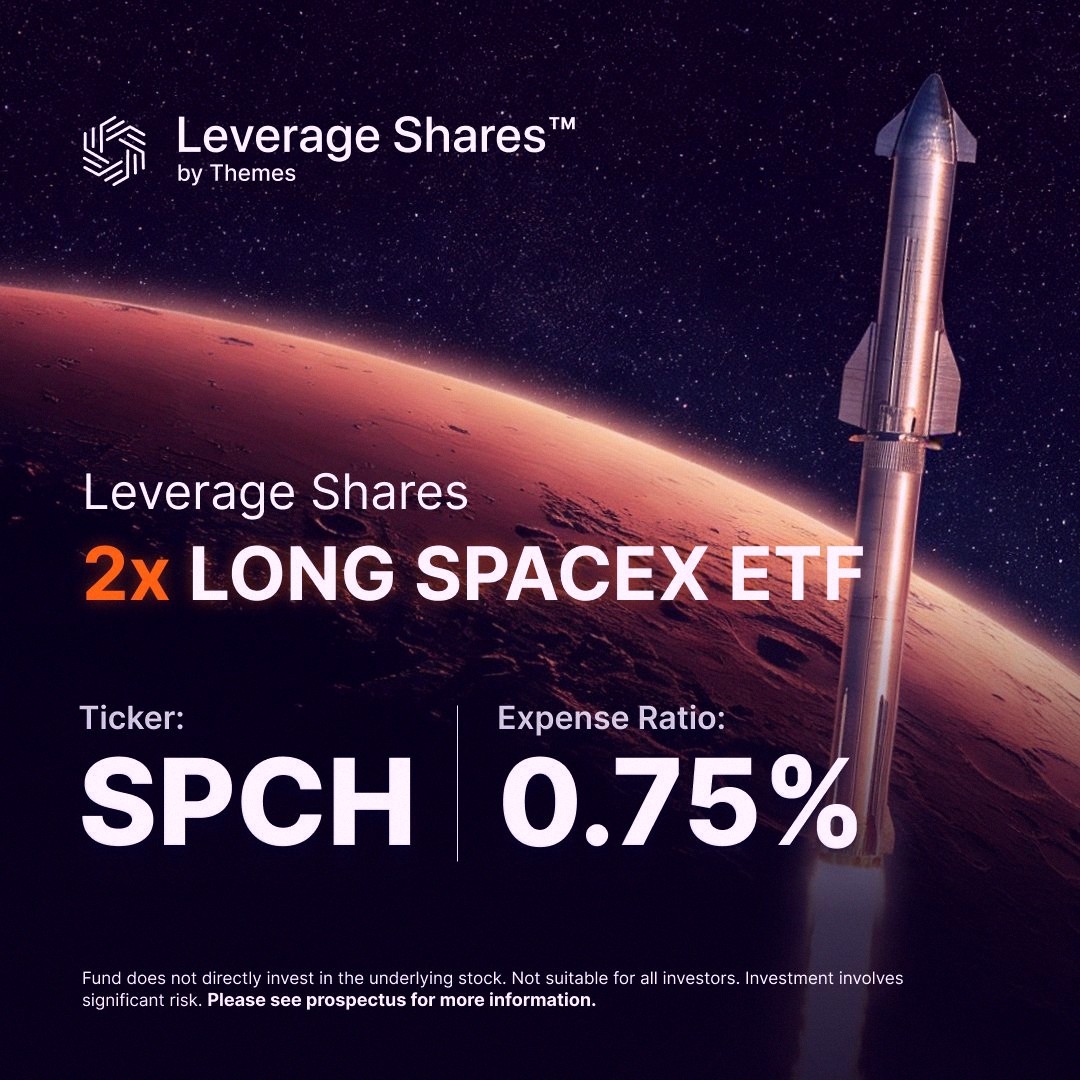 TheChandlerMay's tweet photo. Historic ETF launch just happened 🚀

$SPCH (2x Long SpaceX) saw $4 BILLION traded in its first week — that's more than any other ETF ever, beating IBIT &amp; DRAM.

And it did it in only 4 trading days because of the holiday week.

(Info from @EricBalchunas. Just for fun, no https://t.co/LztkdpvynD