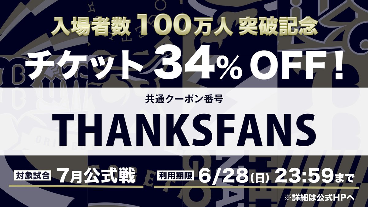 Orix_Buffaloes's tweet photo. 2026年公式戦入場者数100万人突破を記念し、7月公式戦11試合で使える「チケット34%割引クーポン」をプレゼント🎁
▼クーポン番号
THANKSFANS
▼利用期限
6月28日（日）23:59まで
▼今すぐチケットをお得にゲット！！チケット購入はこちら🎫
https://t.co/ZnsEnt0IaI
▼クーポンの詳細はこちら
https://t.co/9gtpRHaQ5F

#Bs2026
#THANKSFANS