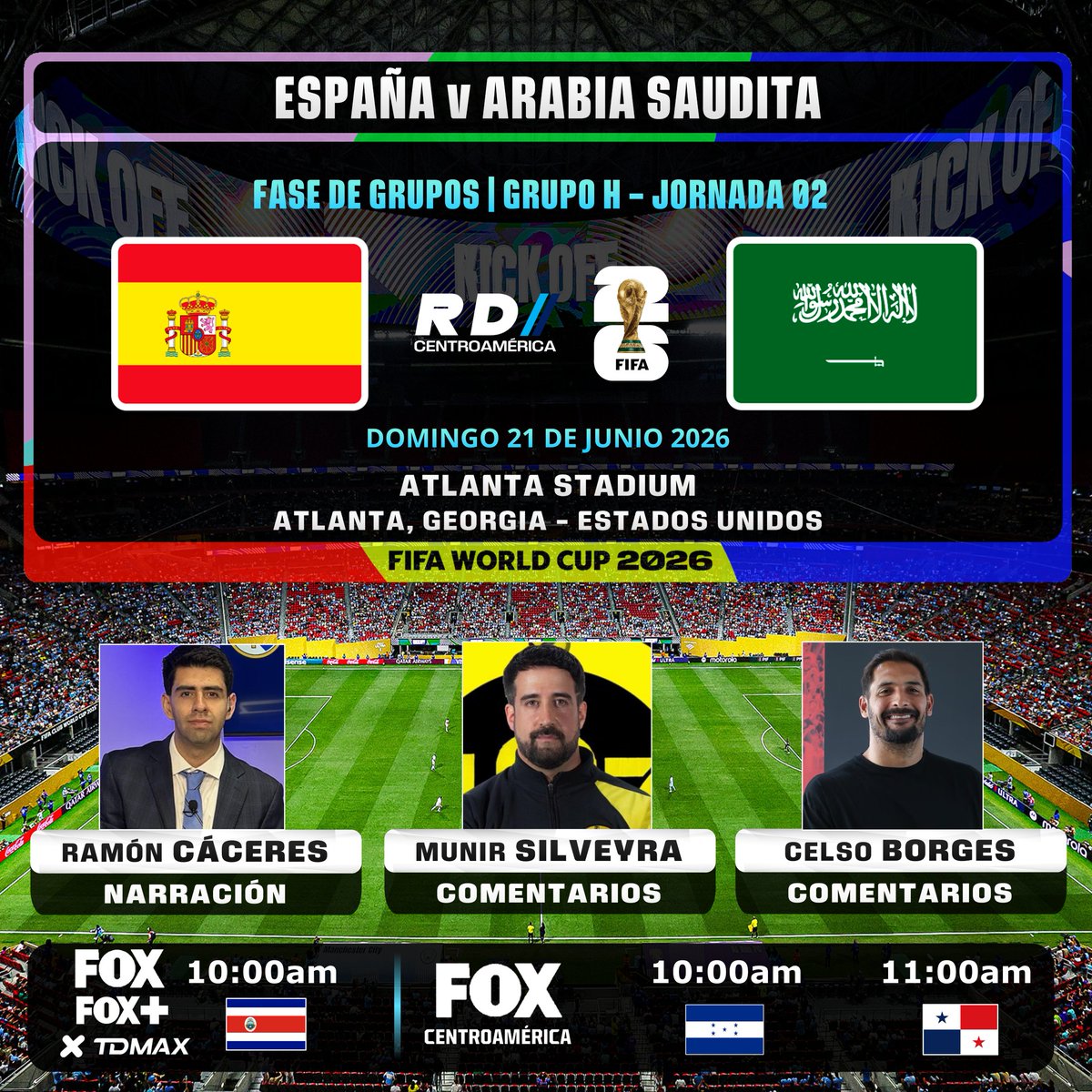 DeportivaCR's tweet photo. 🇪🇸 @SEFutbol v @SaudiNT 🇸🇦
🎙️ @reymonero @107munir @CelsoBorgesCR 

⏰10:00am C.A.  11:00am PAN
📺 @somosfox_cr (🇨🇷🇭🇳🇵🇦) (FOX+🇨🇷)
📱 @tdmaxcr (🇨🇷)
#ESPvsKSA #FIFAWorldCup #Somos26 #ElMundialEsNuestro #ElMundialConNosotros #WeAre26 https://t.co/GmQ4m5f77h