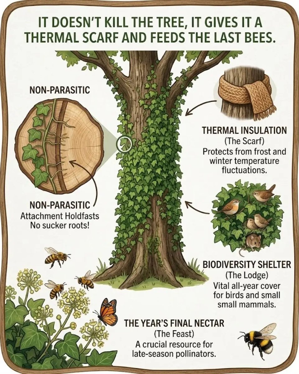 dufitalexis1's tweet photo. Why Ivy on Trees Is Often Misunderstood

English ivy is frequently blamed for harming trees, but the reality is more nuanced. Ivy is not a parasite. It does not penetrate a tree's vascular system, and it does not steal water or nutrients from the host tree.

A Separate Root System

Ivy roots remain in the soil and collect their own water and nutrients. The small structures that attach ivy to bark are holdfasts used for climbing, not feeding.

Important Wildlife Habitat

Mature ivy provides shelter throughout the year.

• Birds use dense ivy for nesting and protection.

• Small mammals find cover from predators.

• Insects use ivy as a winter refuge.

• Many species rely on ivy-covered trees when other shelter is scarce.

One of the Last Nectar Sources of the Year

Ivy flowers in late summer and autumn, a time when many flowering plants have already finished blooming.

Its flowers provide nectar and pollen for:

• Honey bees

• Bumblebees

• Hoverflies

• Butterflies

• Other late-season pollinators

This makes ivy an important food source before winter.

Protection From Weather Extremes

Dense ivy foliage can help moderate temperature fluctuations around a tree trunk. During cold periods, the vegetation layer may provide some protection from frost and sudden temperature changes. It can also reduce direct exposure to sun, wind, and heavy rain.

When Ivy Can Become a Problem

Although ivy is not a parasite, excessive growth can sometimes affect tree health.

Problems may occur when:

• Ivy completely covers the tree canopy and blocks light.

• Heavy growth increases wind resistance during storms.

• Weak, old, or already stressed trees carry large amounts of ivy.

• Regular tree inspections become difficult because the trunk is hidden.

Healthy mature trees often tolerate moderate ivy growth well, while declining trees may struggle under heavy infestations.

A Balanced Approach

Ivy is neither a tree killer nor a miracle plant. It is a native climbing plant that provides valuable habitat and food for wildlife. In many situations, careful management is preferable to complete removal, especially where biodiversity conservation is a priority.

Well-managed ivy can support pollinators, birds, and small mammals while coexisting with healthy trees for decades.