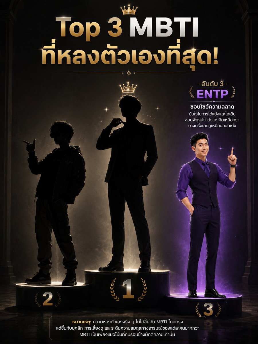 Shareshare5656's tweet photo. Top 3 MBTI ที่หลงตัวเองที่สุด!!

หมายเหตุ: ความหลงตัวเองจริง ๆ ไม่ได้ขึ้นกับ MBTI โดยตรง แต่ขึ้นกับบุคลิก การเลี้ยงดู และระดับ��วามสมดุลทางอารมณ์ของแต่ละคนมากกว่า MBTI เป็นเพียงแนวโน้มที่คนรอบข้างมักตีความเท่านั้น
#mbtisignal #mbti #entp #entj #estp https://t.co/hLQuRWrxw3