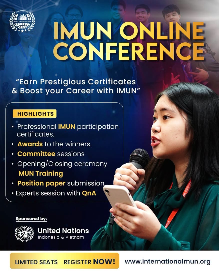 imunofficial's tweet photo. 🌍✨ Join IMUN Online Conference 324 (June 27–28)! Debate global issues, earn certificates &amp; connect with 500+ delegates worldwide. #IMUN #IMUNOnline #ModelUN #YouthLeadership #GlobalNetworking https://t.co/U3prCyyFUC