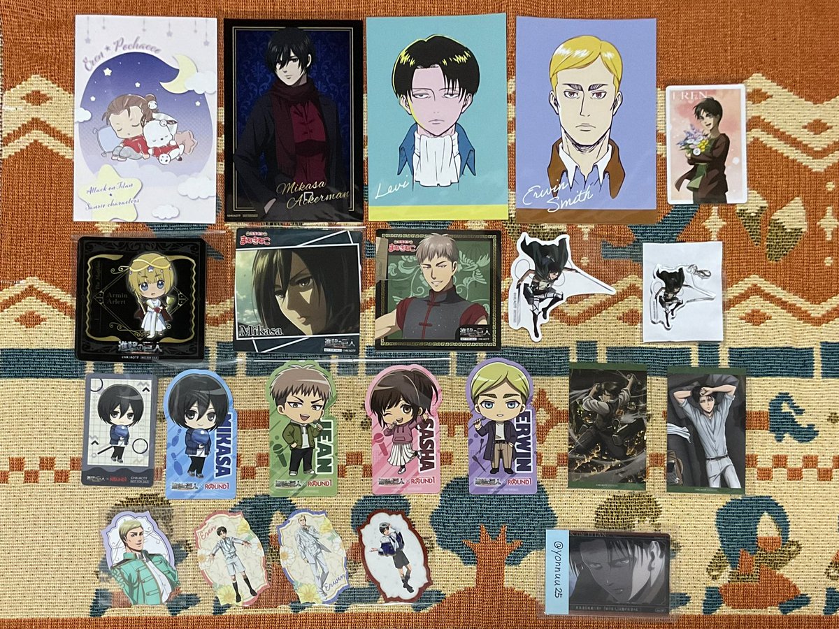 yonnuu25's tweet photo. 交換 譲渡 進撃の巨人 WIT MAPPA まねきねこ プリンセスカフェ ATTACK Memory 記憶への進撃 エスクリ サンリオ ラウンドワン カード コースター 特典

譲）エレン,ミカサ,アルミン,サシャ,ジャン,リヴァイ,エルヴィン

求）求）同種リヴァイ > リトリン記載グッズ
https://t.co/fPEYAdJYfh https://t.co/BVeXBop7Ag