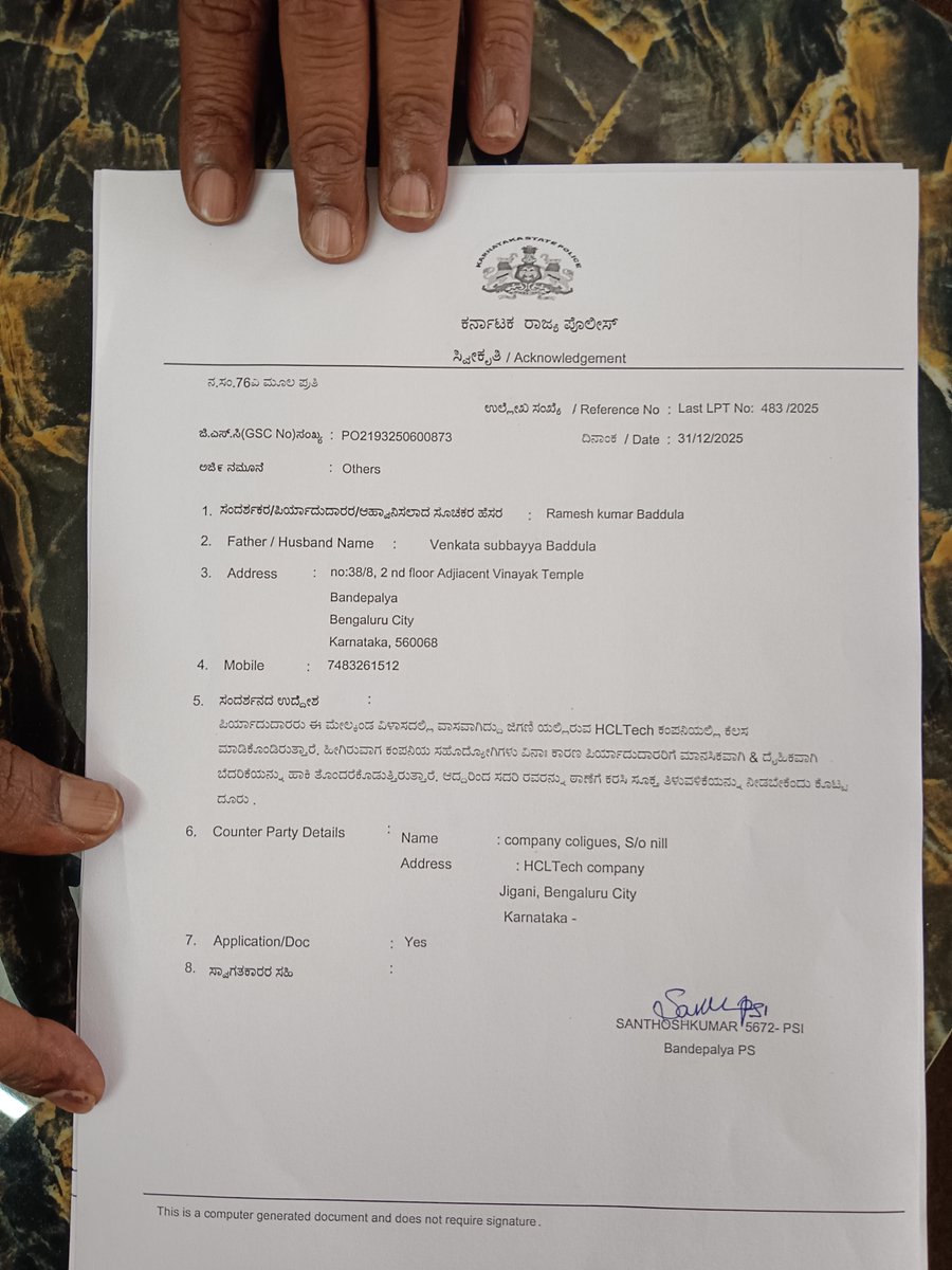RameshKBaddula's tweet photo. Police complaint that I've registered against HCLTech at Bandepalya PS, Bengaluru: - https://t.co/30vVM9SPZt