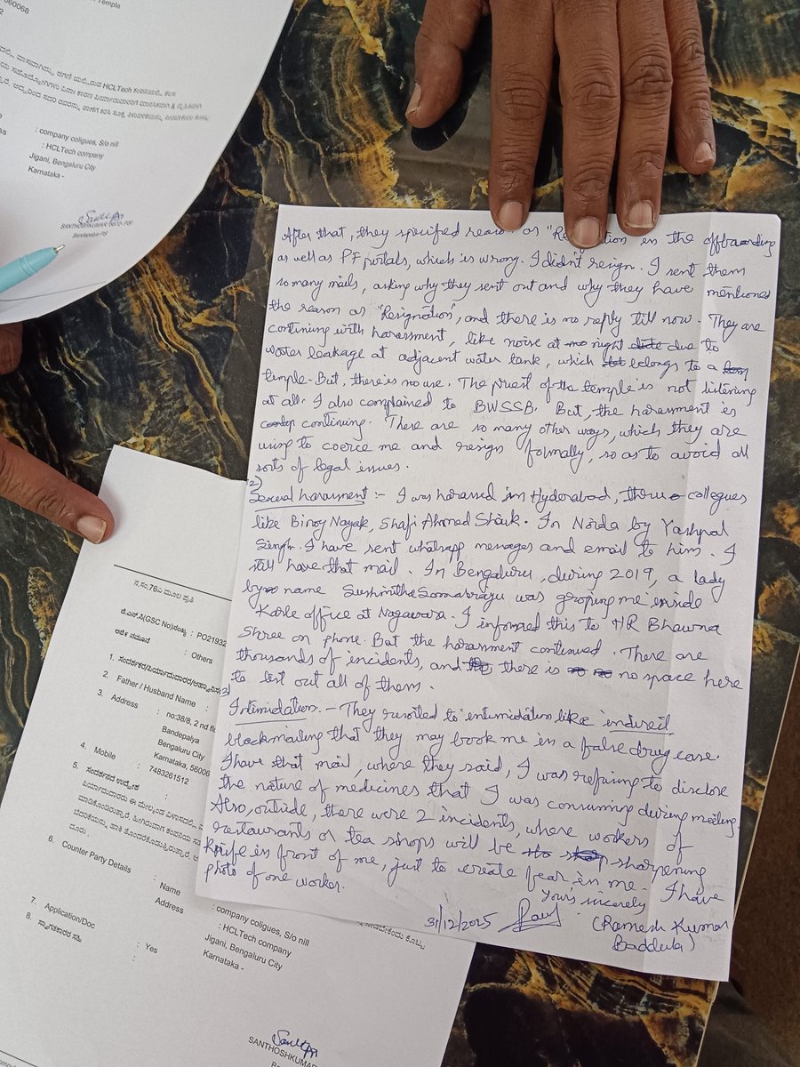 RameshKBaddula's tweet photo. Police complaint that I've registered against HCLTech at Bandepalya PS, Bengaluru: - https://t.co/30vVM9SPZt