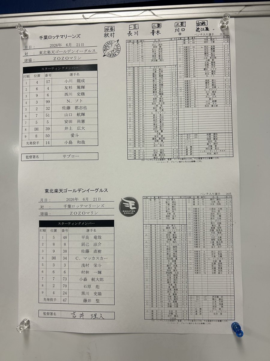 nhoshi_nikkan's tweet photo. 本日6月21日楽天戦のスタメンです。
#chibalotte #RakutenEagles https://t.co/1gVXDbwIpD
