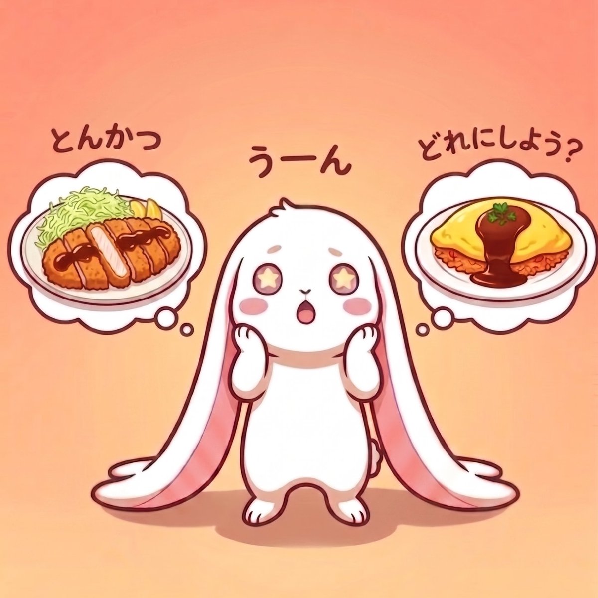 oukapipi's tweet photo. 今日のメニュー, すっごく迷っています…🤔💭
サクサクのとんかつ 🐷 vs ふわとろのオムライス 🍳
うかぴぴ, どちらを食べたらいいと思いますか？✨
#うかぴぴ #とんかつ #オムライス #イラスト #キャラクター https://t.co/HPsx7tEKac