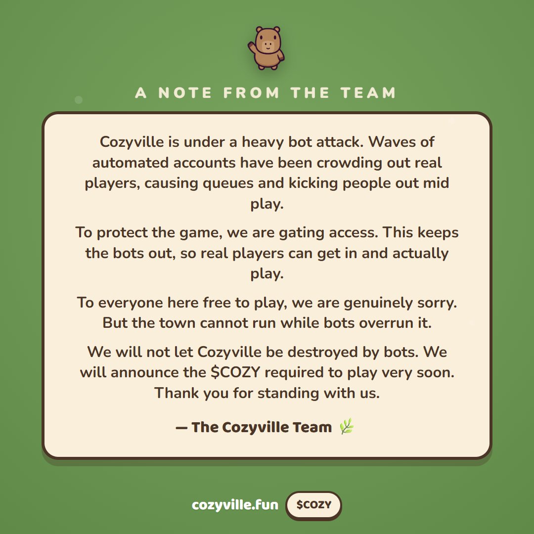 playCozyville's tweet photo. A note from the Cozyville team 

Please read. This is about the bot attack, why we are gating access, and our promise to keep the town alive for real players. <3

https://t.co/9HneNUngBD https://t.co/9YNbeA4dUI