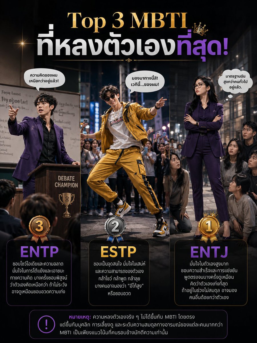 Shareshare5656's tweet photo. Top 3 MBTI ที่หลงตัวเองที่สุด!!

หมายเหตุ: ความหลงตัวเองจริง ๆ ไม่ได้ขึ้นกับ MBTI โดยตรง แต่ขึ้นกับบุคลิก การเลี้ยงดู และระดับ��วามสมดุลทางอารมณ์ของแต่ละคนมากกว่า MBTI เป็นเพียงแนวโน้มที่คนรอบข้างมักตีความเท่านั้น
#mbtisignal #mbti #entp #entj #estp https://t.co/hLQuRWrxw3